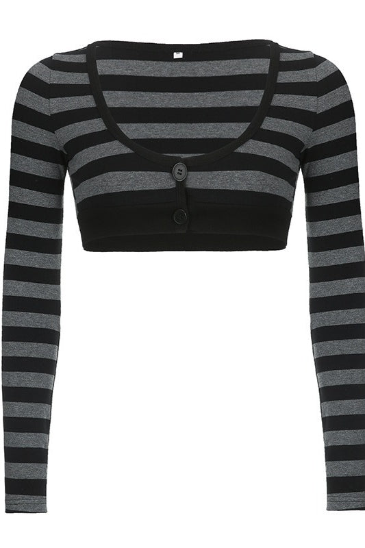 U Neck Stripe Cropped Knit Blouse