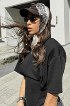 Chic Solid Wide Shoulder Tie Waist Elbow Sleeve T-shirt