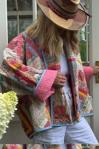 Loose Cardigan Quilted Colorblock Plaid Cotton Jacket