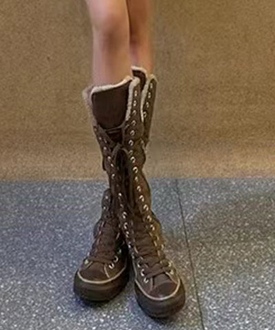 Botas de lona marrón 2024 con cordones y forro de lana afelpada 