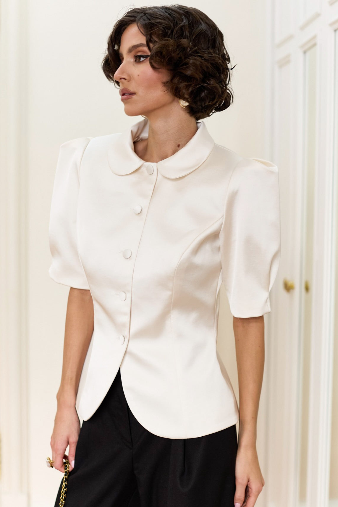Chic Tie Waist Puff Sleeve Slim Blouse