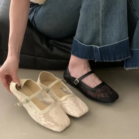 Lace Mary Jane Flats Shoes Women Summer Square Toe Mesh Shallow Shoes Buckle Strap Ballet Footwear Comfort Moccasins Shoes