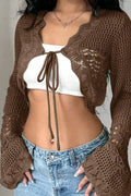 Korejpaa Y2k Clothes Ropa De Mujer Brown Hollowed Out Knitted Cardigan