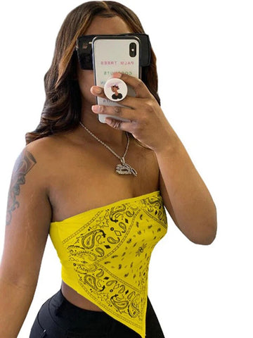 Lindo top corto con bandana estampada sexy para mujer, ropa de verano 2024, camisetas sin mangas con hombros descubiertos y espalda descubierta para mujer 