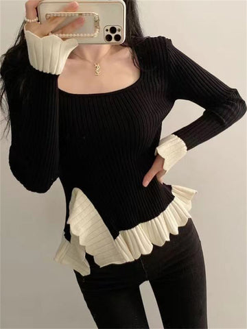 Tossy Ruffled Patchwork Vintage Pullover Sweater For Women Ribbed Contrast Elegant Long Sleeve Loose Knit Female Pullover 2023