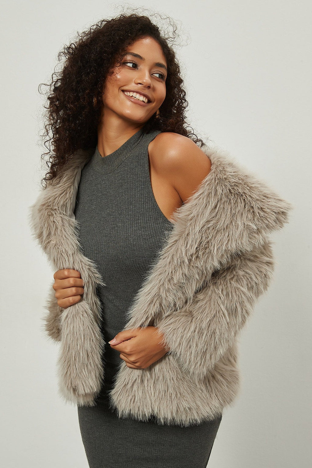 Faux Fur Notch Lapel Winter Coat