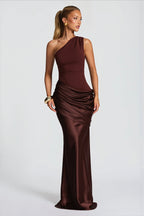 Satin Splice Ruched Slim Maxi Dress
