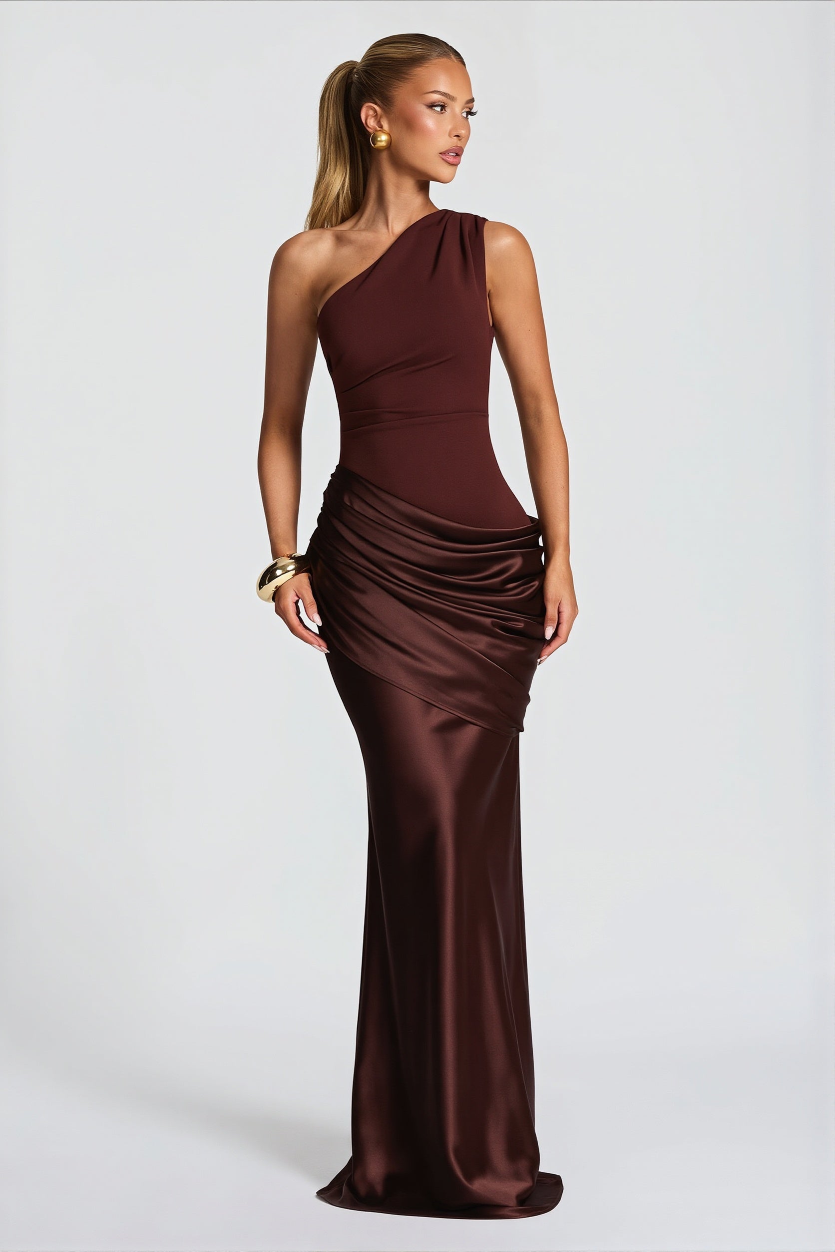 Satin Splice Ruched Slim Maxi Dress