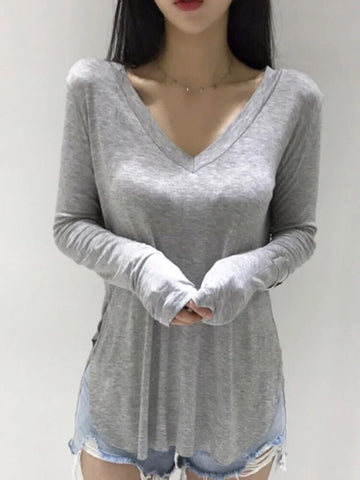 Camiseta informal con cuello en V para mujer, primavera 2024, estilo coreano, ropa para mujer, camisetas básicas, camisetas de manga larga, camisetas holgadas, camisetas 