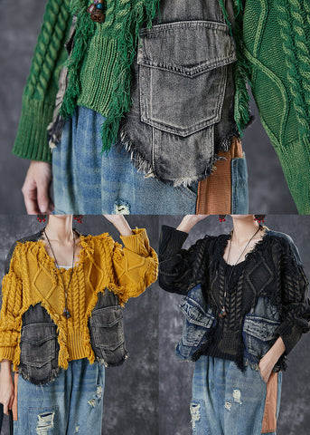 Kunst Gelb Übergroße Patchwork Taschen Strickpullover Winter 