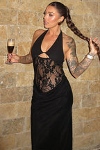 Sexy Sheer Lace Halter Open Back Bodycon Maxi Dress