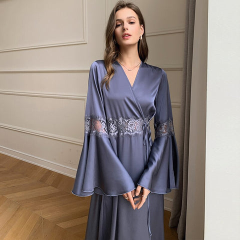 Bata de satén con encaje sexy para mujer, ropa de dormir para dama de honor, camisón morado claro, ropa de casa para el tiempo libre, tops para dormir en casa de verano 