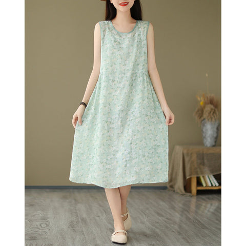 Summer Stylish Casual Sleeveless Linen Floral Dress