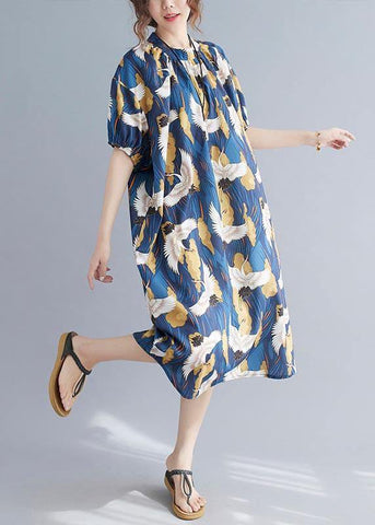 Loose Blue Print Cotton O-Neck Loose Summer Mid Dress