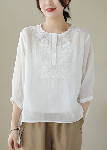 Loose White Embroideried Button Patchwork Cotton Blouse Summer