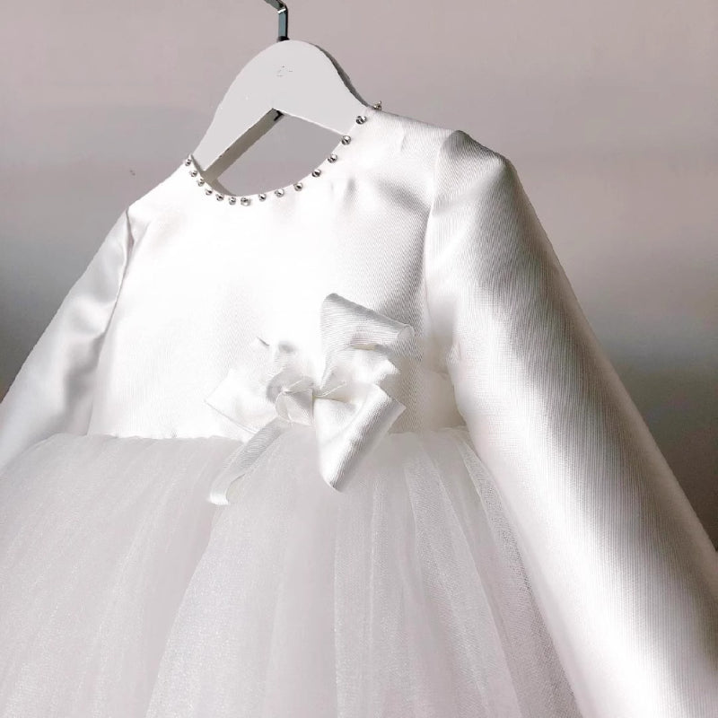 Niedliches Babykleid aus Satin-Mesh mit flauschiger Schleife, Kommunionskleid für Kleinkinder 