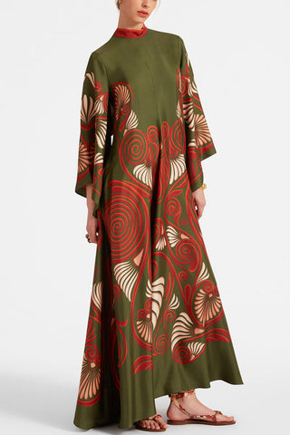 Shine The Light Unique Printed High Neck Bell Sleeve Loose Maxi Dress