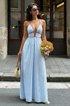 Slim Striped Halter Backless Beach Cami Maxi Dress