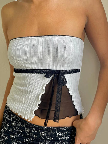 TARUXY - Tops cortos ajustados de malla con empalme para mujer, sin mangas, con hombros descubiertos, sexys, sin espalda, bonitos, con lazo, camisetas cortas para mujer 