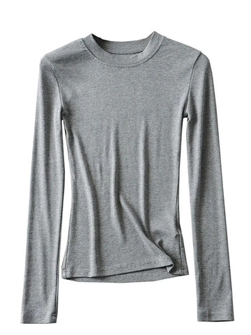 Camiseta de algodón de punto para mujer, informal, ajustada, elástica, con cuello redondo y manga larga, 2024 