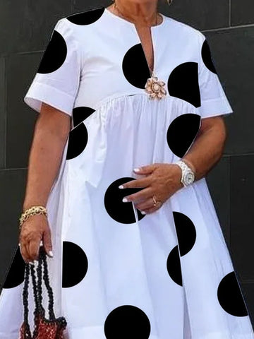 Vestidos midi de corte A con mangas cortas, plisados, estampado de lunares, abertura en la costura y cuello redondo 