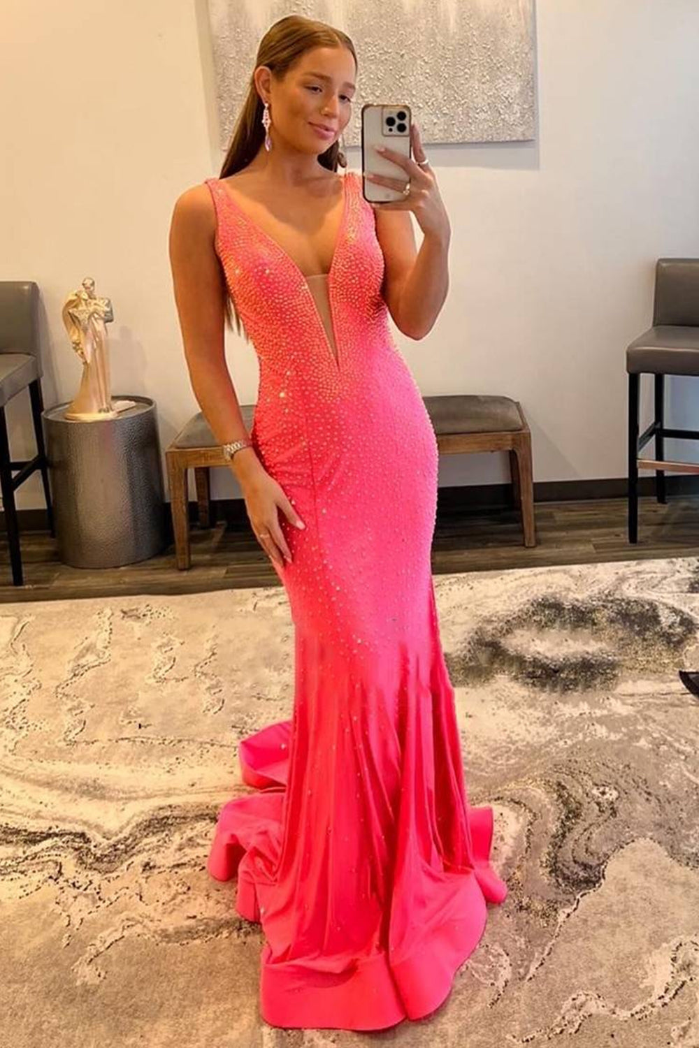 Mermaid Deep V Neck Pink Long Prom Dress with Beading