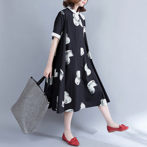 Vestido de gasa pura con estampados negros de boutique, ropa de gasa extragrande, vestidos, vestido camisero de gasa con cuello de solapa y dobladillo grande fino 