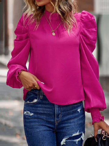 Bishop Sleeve Long Sleeves Pleated Solid Color Mock Neck Blouses&Shirts Tops