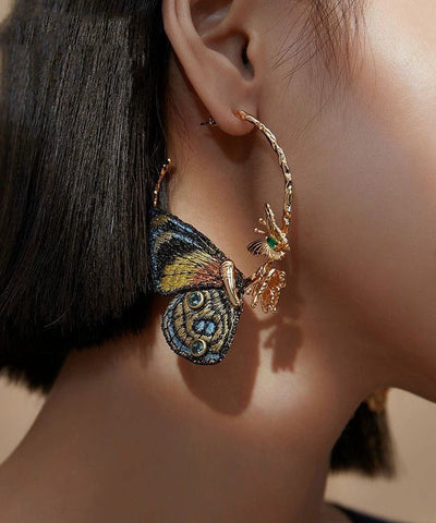 Handmade Blue Sterling Silver Alloy Zircon Butterfly Embroidery Hoop Earrings