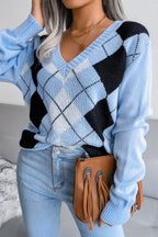 Argyle V-Neck Knit Pullover Sweater