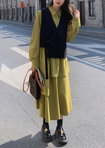 Conjunto de dos piezas de chaleco negro y vestido largo verde con patchwork francés y manga larga 