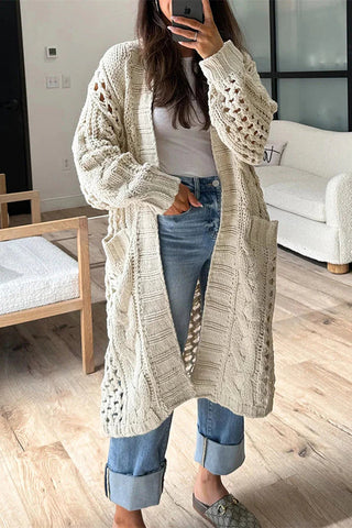 Oversize-Midi-Cardigan mit Zopfmuster und langen Ärmeln und Tasche 
