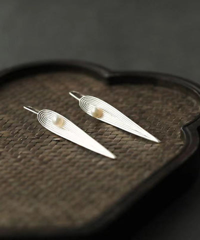 Pendientes colgantes de hojas de bambú con perlas de plata de ley y seda para mujer 