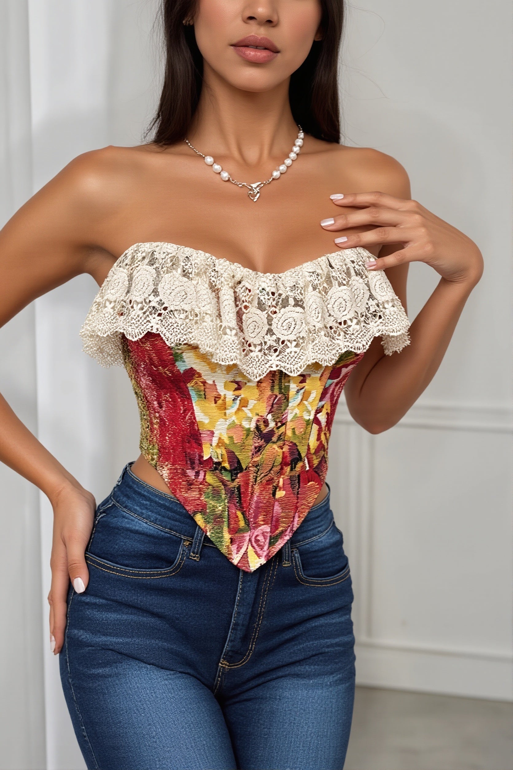 Art Print Lace Panel Boned Vintage Jacquard Cami Blouse