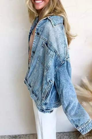 Chaqueta vaquera informal de manga larga con cuello vuelto, botones y patchwork para uso diario 