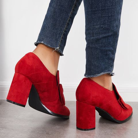 Zapatos de vestir sin cordones con tacón alto y grueso con punta puntiaguda y lazo 