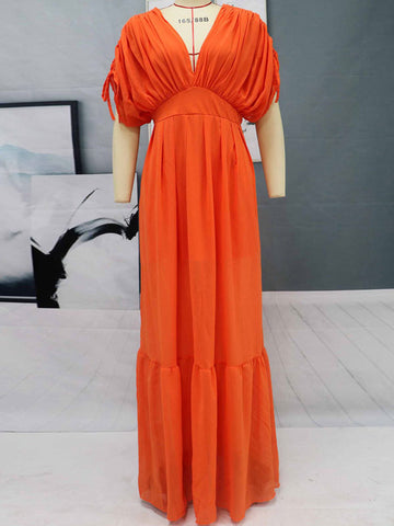 Women Maxi Dress Orange Red V-Neck Short Sleeves Backless   Long Dress