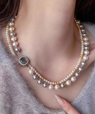Collar de plata de ley con bloques de color y circonitas de doble capa con perlas cuadradas y cuentas calibradas para mujer 