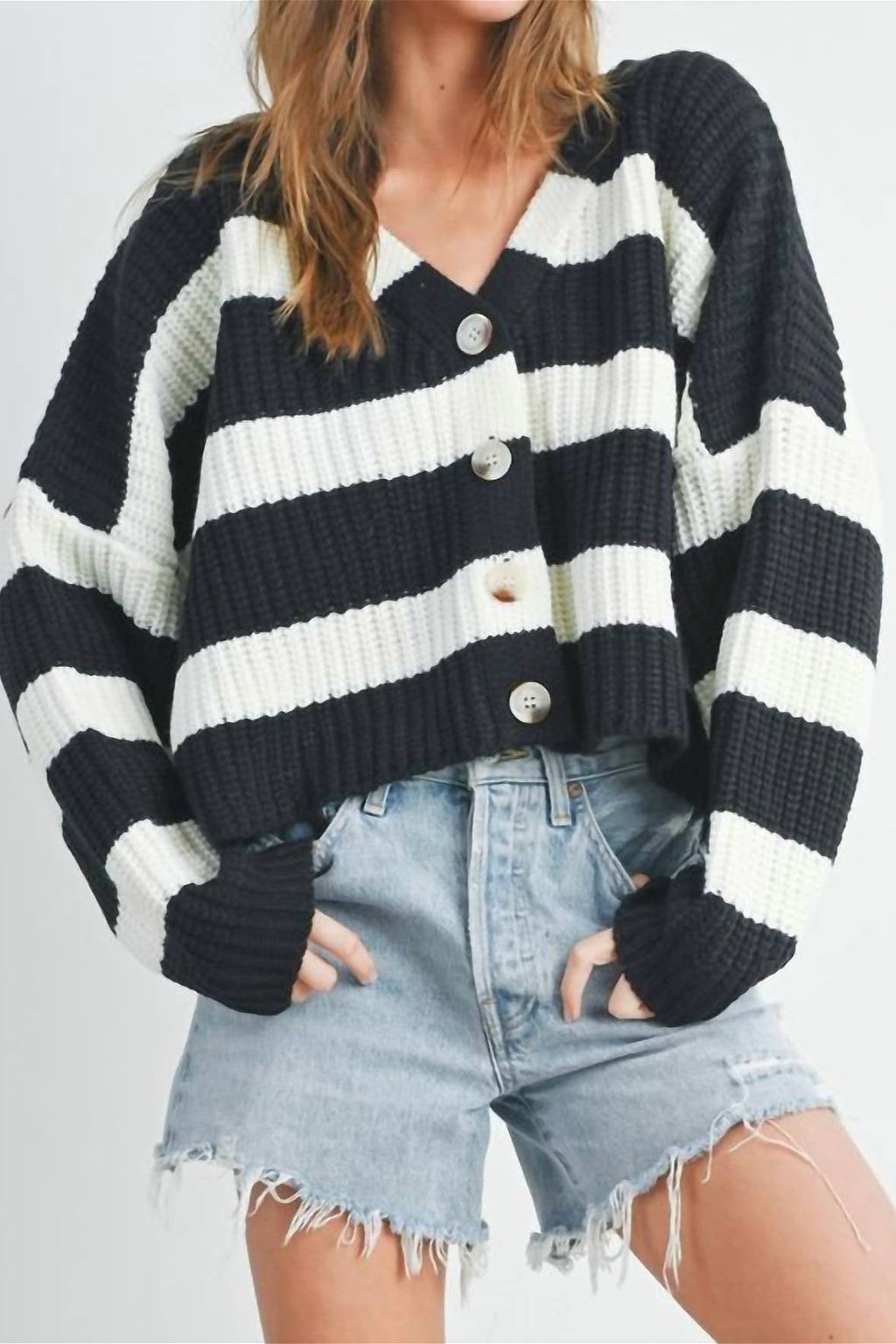 Loose Stripe V Neck Long Sleeve Knit Cardigan