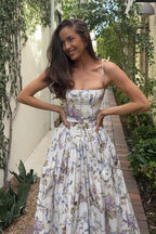 Rayon Printed Strap Pleated Chic Maxi Dress