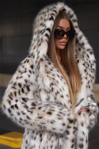 Faux Fur Leopard Print Hooded Long Coat