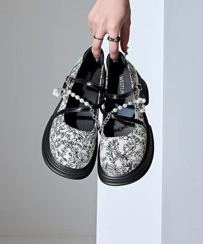 Französisch Beige Plattform Loafer Schuhe Kreuz Strap Perle 