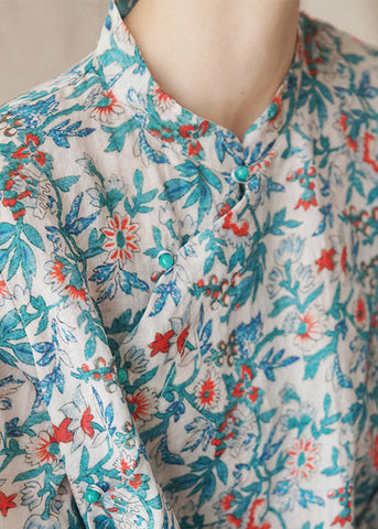 Vintage Blau Button Print Leinen Shirts Armband Ärmel 