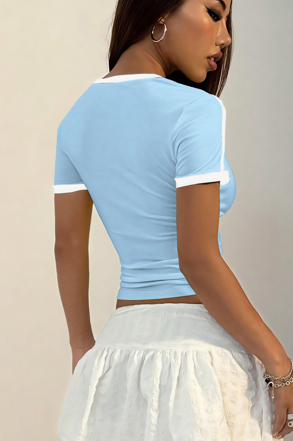 Sweet Round Neck Printed Cropped T-shirt
