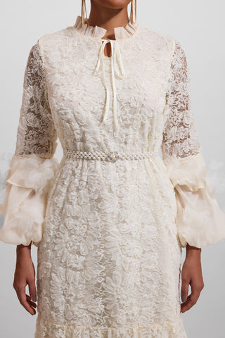 Vestido midi de encaje floral 3D liso con cinturón de perlas falsas 