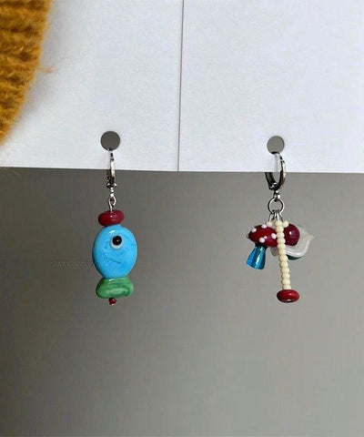 DIY Stainless Steel Asymmetrical Little Fish And Mushroom Drop Earrings