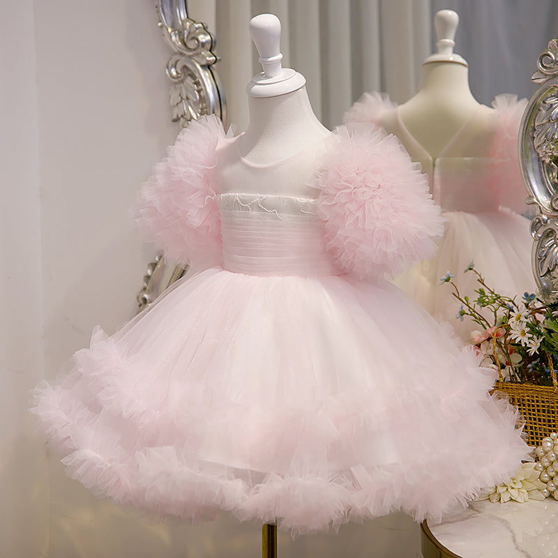 Vestido de niña pequeña de verano con estampado de pastel rosa esponjoso para cumpleaños y comunión 
