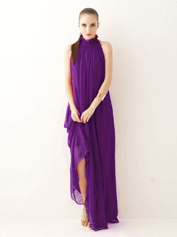 Summer Dress Maxi Dresses Purple Jewel Neck Lace Up Chiffon Beach Dress