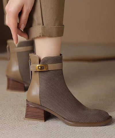 Modische klobige Stiefel mit Reißverschluss und Rindsleder in Khaki 