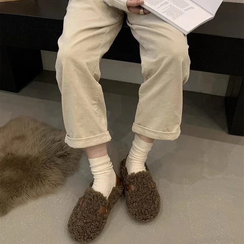 Mocasines planos de lana de cordero para mujer, elegantes, sin cordones, a la moda, para otoño 